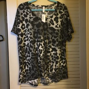 Honeyme Waffle Knit Top- Black & Grey Cheetah Print, Scrunched Front Tuck